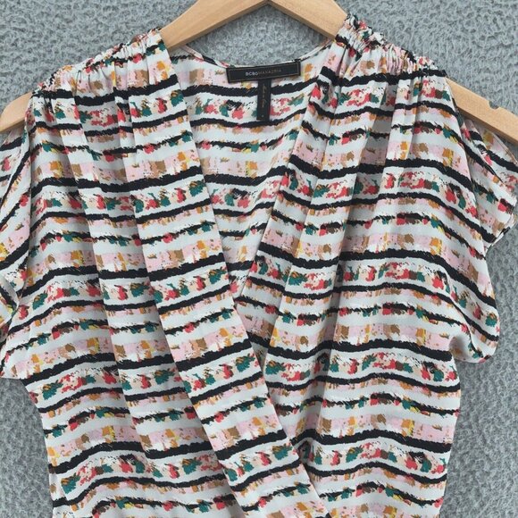 BCBGMAXAZRIA Dress Womens Small Ivory Multicolor Stripe Silk Shift Surplice Mini - Picture 2 of 11